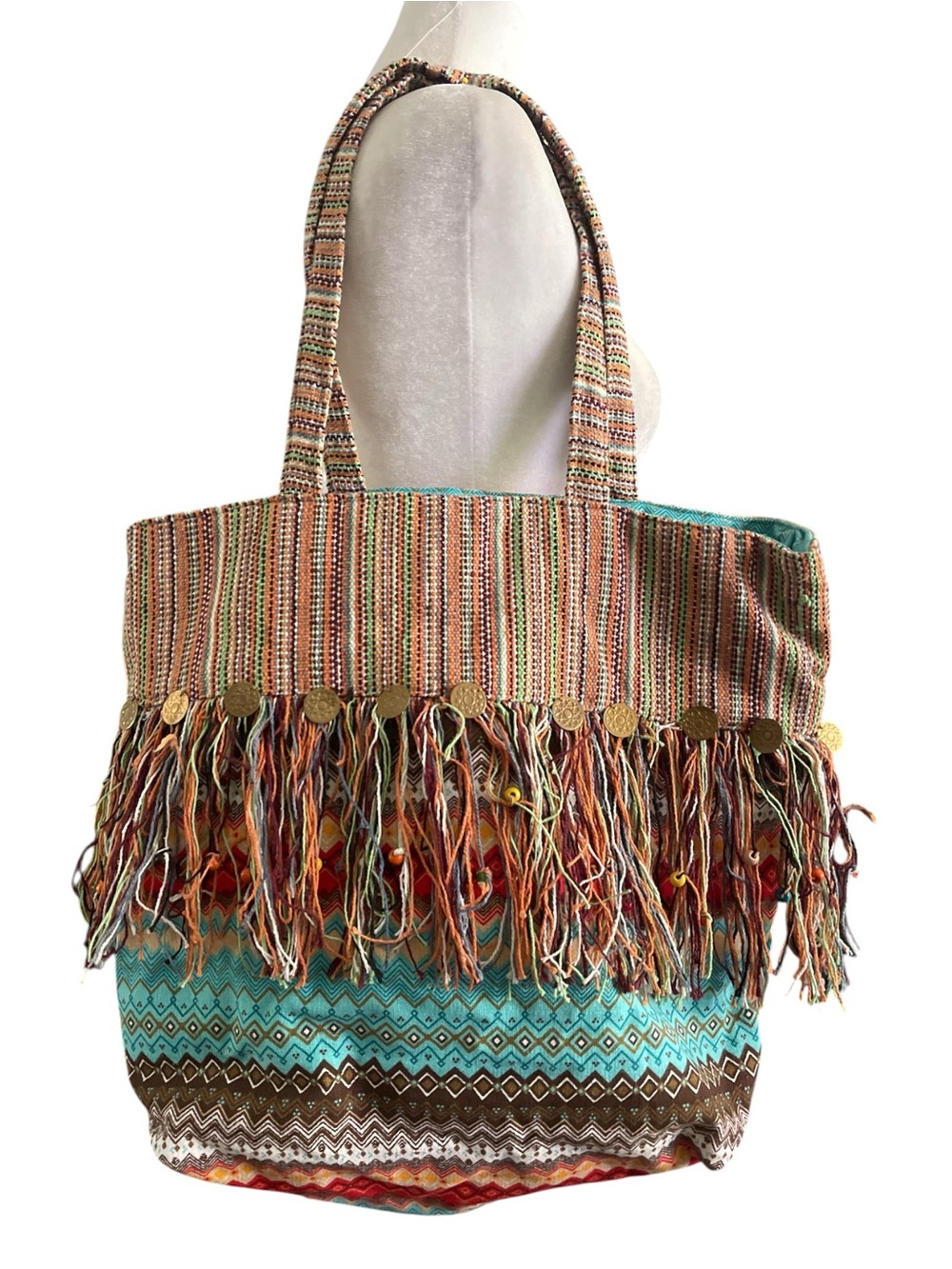 America & Beyond Boho Fringe Tote Bag Woven Artisan Market Beach Resort
